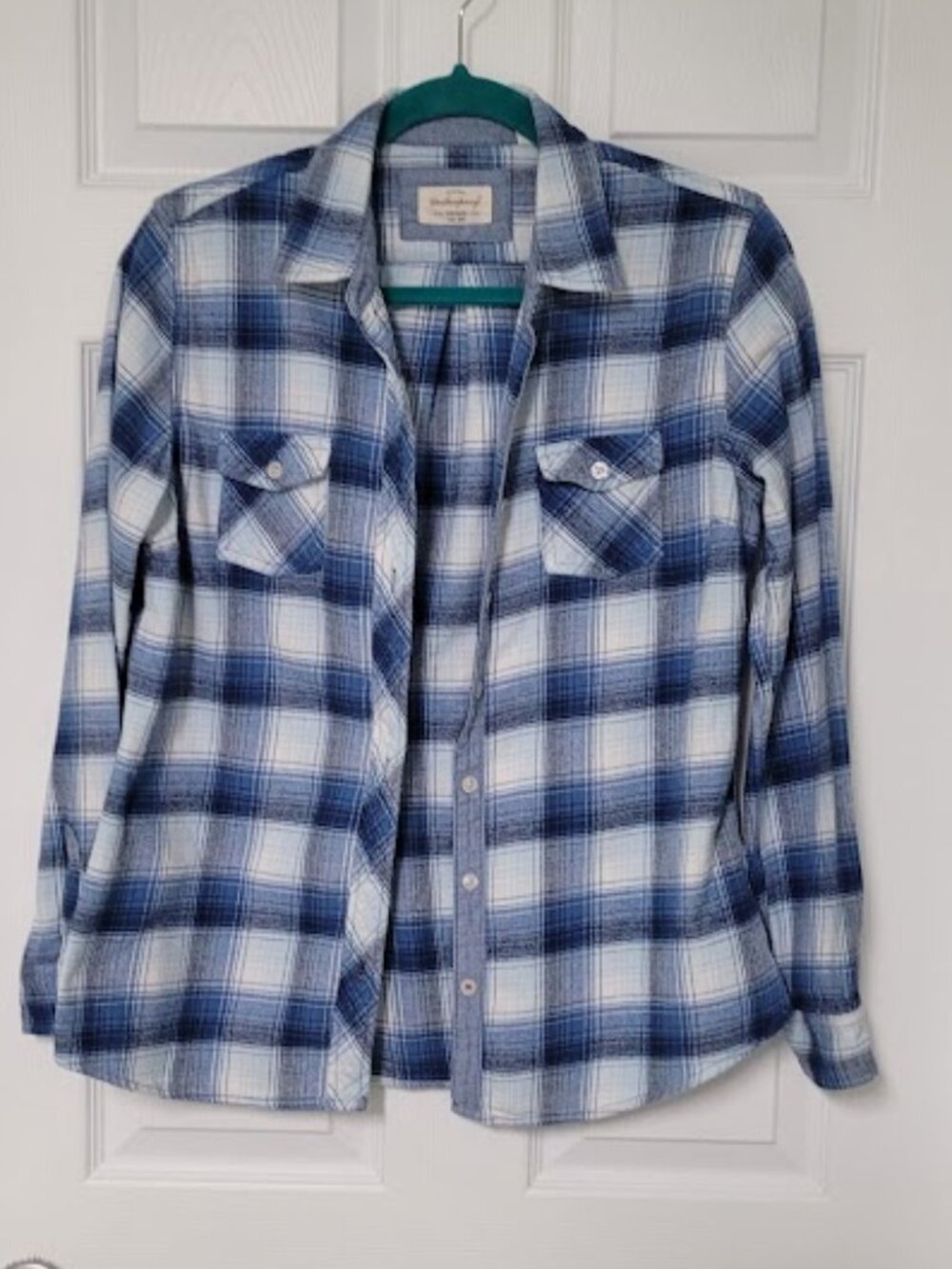 Women Size Sm-Med Plaid button front shirt blue tones-100% brushd/flannel Cotton